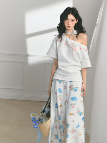 [Rose Poet] Original Flower Print Off Shoulder Cross Stitch Button Short Sleeve Tops & Skirt【s0000013540】