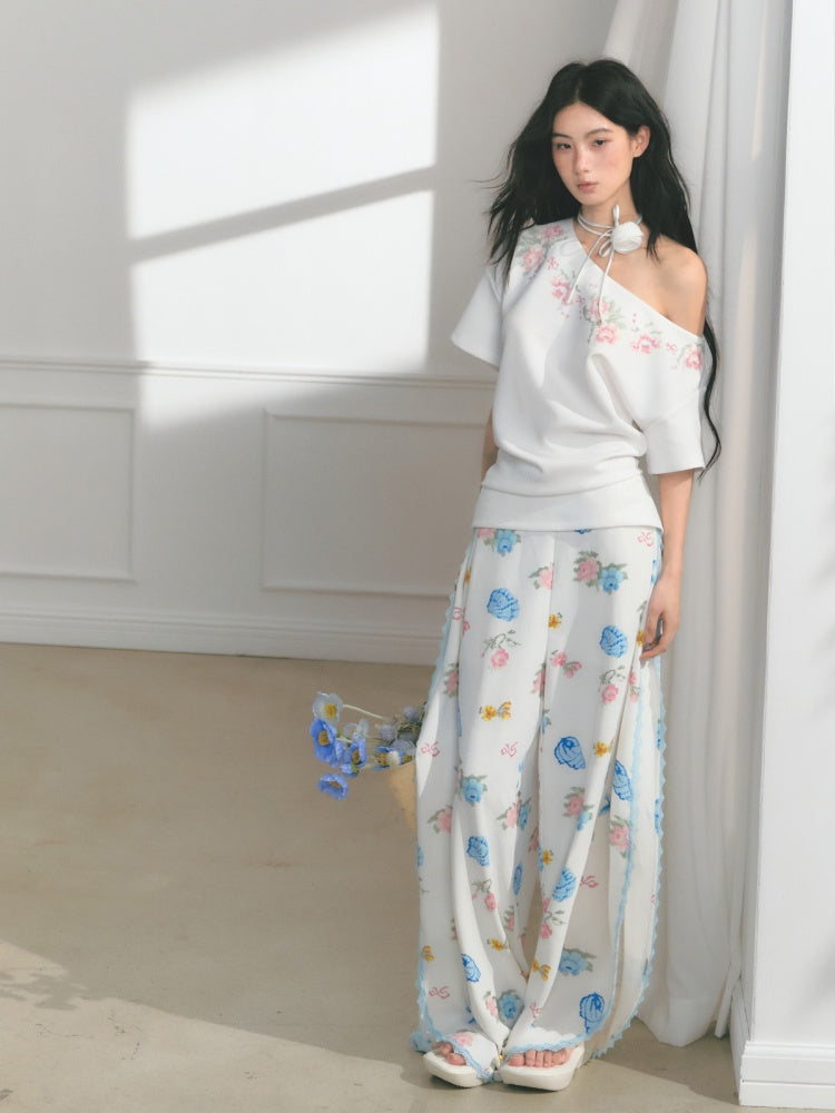 [Rose Poet] Original Flower Print Off Shoulder Cross Stitch Button Short Sleeve Tops & Skirt【s0000013540】