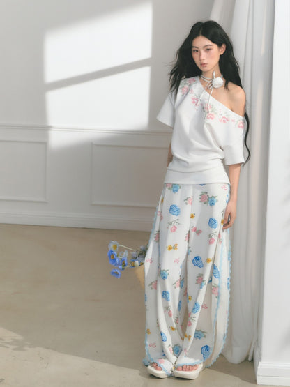 [Rose Poet] Original Flower Print Off Shoulder Cross Stitch Button Short Sleeve Tops & Skirt【s0000013540】