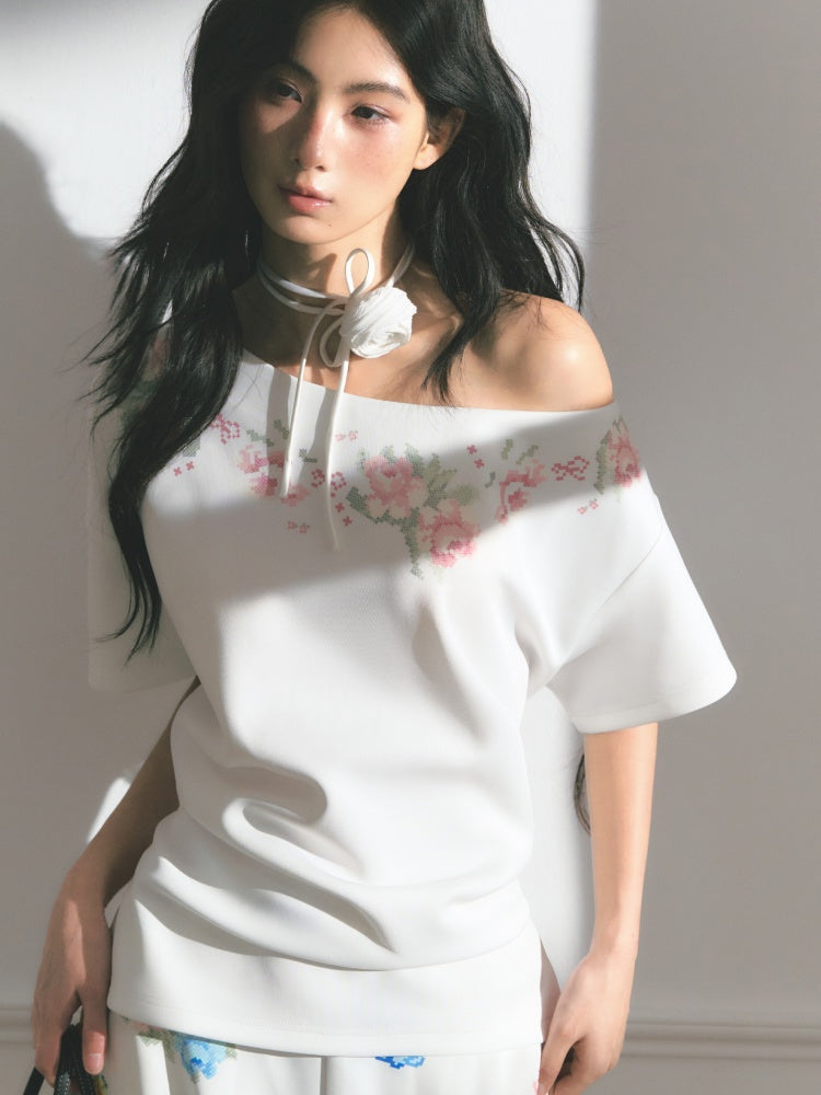 [Rose Poet] Original Flower Print Off Shoulder Cross Stitch Button Short Sleeve Tops & Skirt【s0000013540】