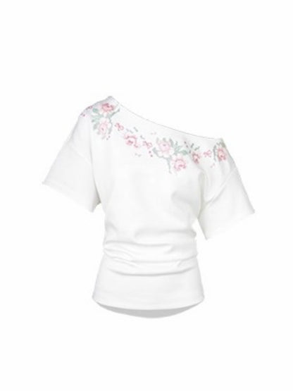 [Rose Poet] Original Flower Print Off Shoulder Cross Stitch Button Short Sleeve Tops & Skirt【s0000013540】