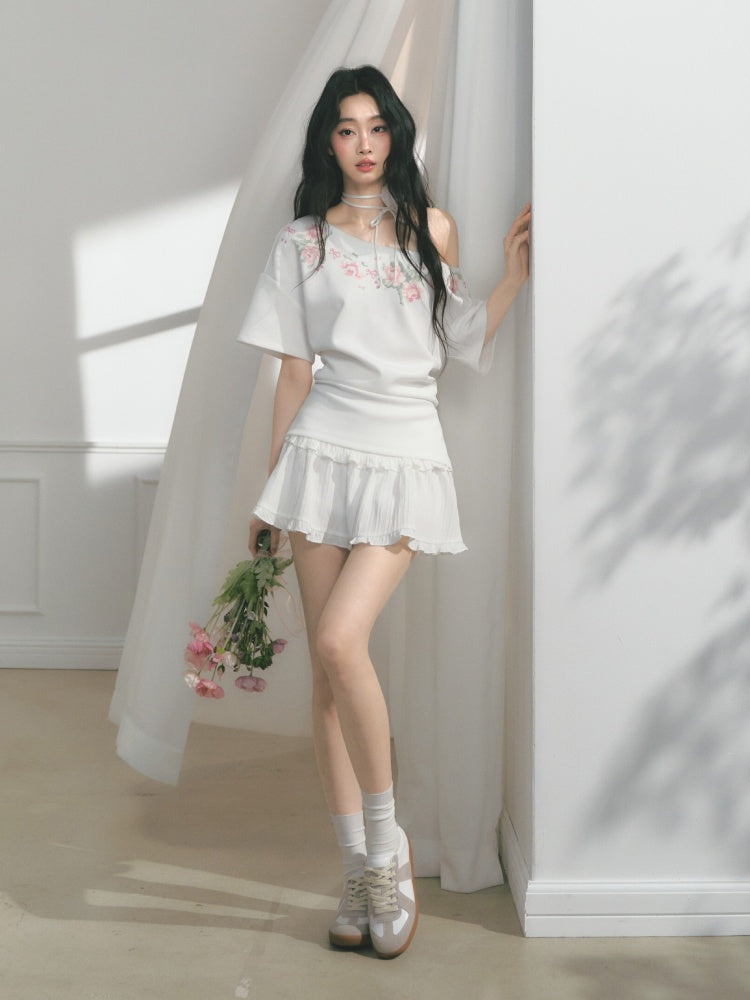 [Rose Poet] Original Flower Print Off Shoulder Cross Stitch Button Short Sleeve Tops & Skirt【s0000013540】