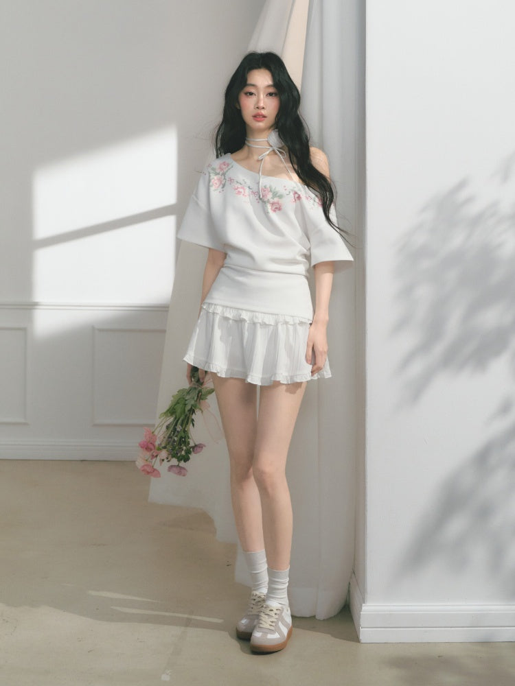 [Rose Poet] Original Flower Print Off Shoulder Cross Stitch Button Short Sleeve Tops & Skirt【s0000013540】