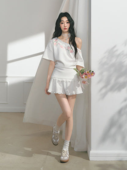 [Rose Poet] Original Flower Print Off Shoulder Cross Stitch Button Short Sleeve Tops & Skirt【s0000013540】