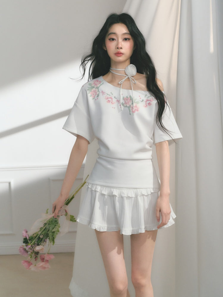 [Rose Poet] Original Flower Print Off Shoulder Cross Stitch Button Short Sleeve Tops & Skirt【s0000013540】