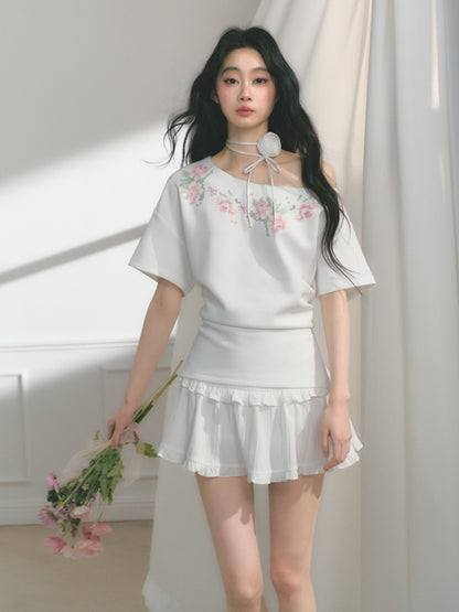 [Rose Poet] Original Flower Print Off Shoulder Cross Stitch Button Short Sleeve Tops & Skirt【s0000013540】