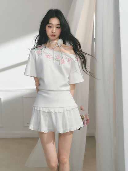 [Rose Poet] Original Flower Print Off Shoulder Cross Stitch Button Short Sleeve Tops & Skirt【s0000013540】