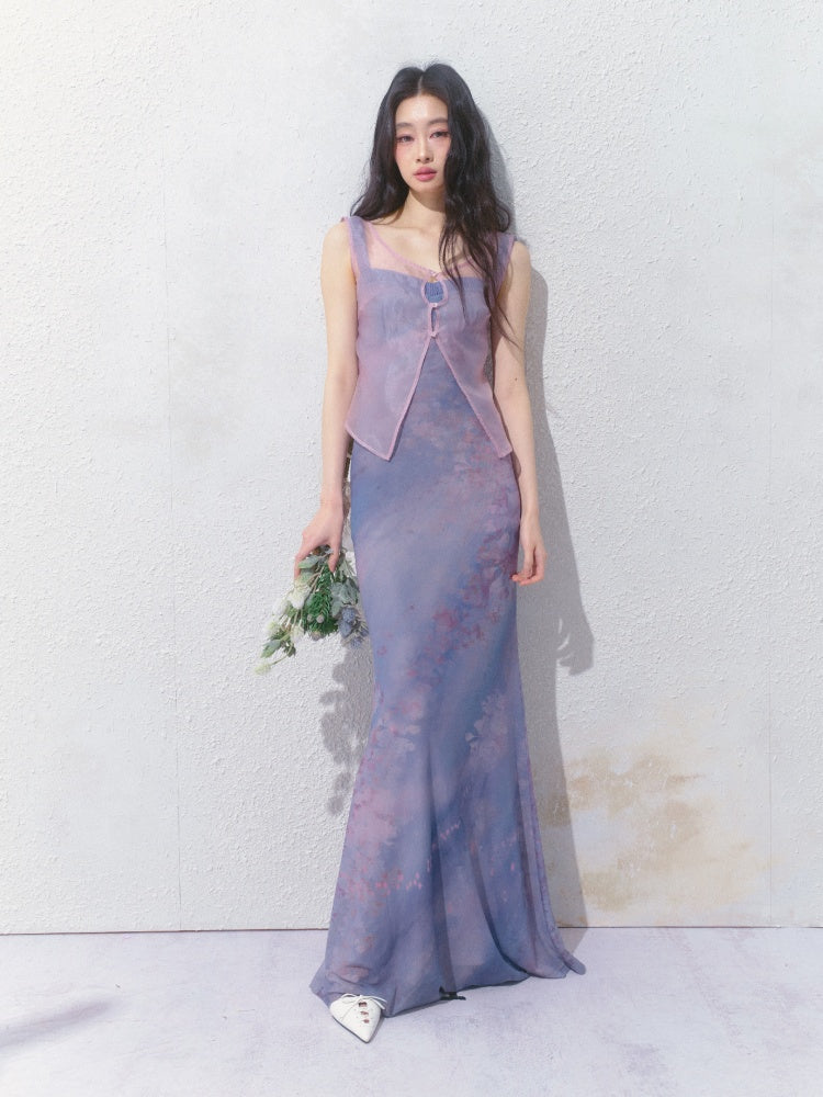 [Flowering Pinellia] Original Bandeau Mesh Pleated Stretch Waist Dress【s0000013541】