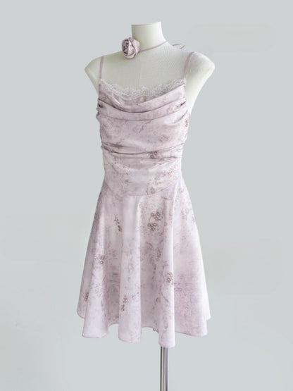 [Purple Hyacinth] Original Lace Pleated Waist Slimming Dress【s0000013542】