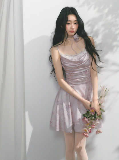 [Purple Hyacinth] Original Lace Pleated Waist Slimming Dress【s0000013542】
