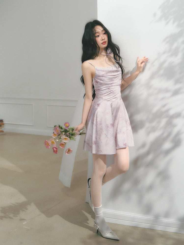 [Purple Hyacinth] Original Lace Pleated Waist Slimming Dress【s0000013542】