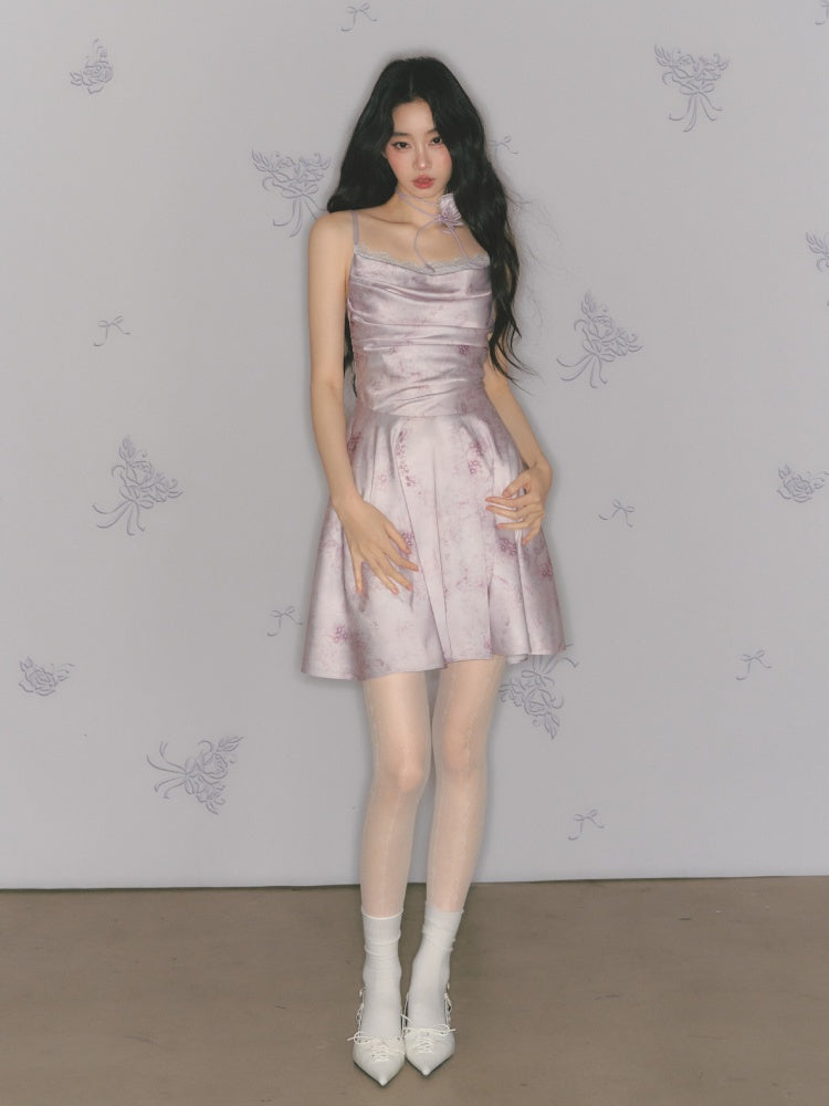 [Purple Hyacinth] Original Lace Pleated Waist Slimming Dress【s0000013542】