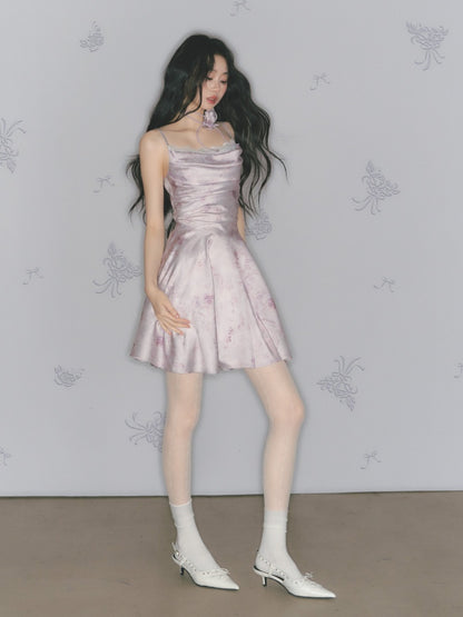 [Purple Hyacinth] Original Lace Pleated Waist Slimming Dress【s0000013542】