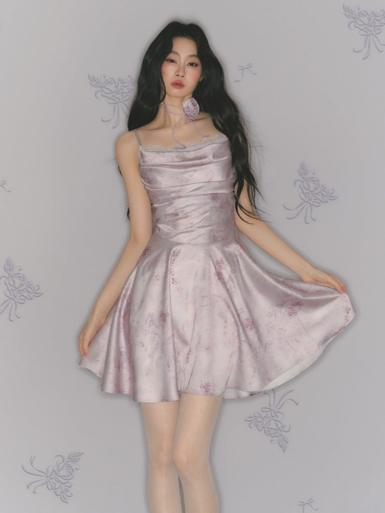 [Purple Hyacinth] Original Lace Pleated Waist Slimming Dress【s0000013542】