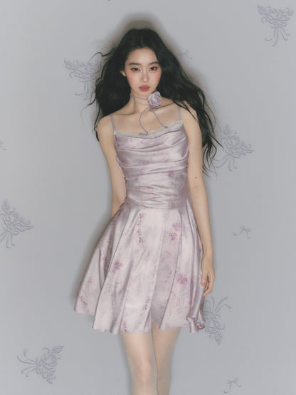 [Purple Hyacinth] Original Lace Pleated Waist Slimming Dress【s0000013542】