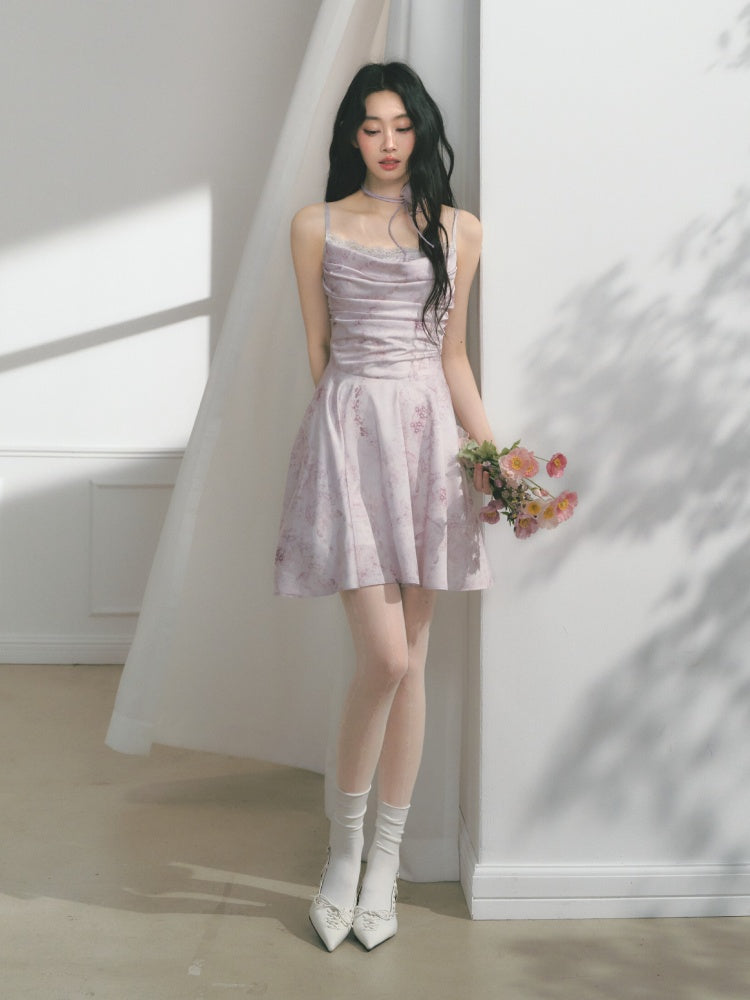 [Purple Hyacinth] Original Lace Pleated Waist Slimming Dress【s0000013542】