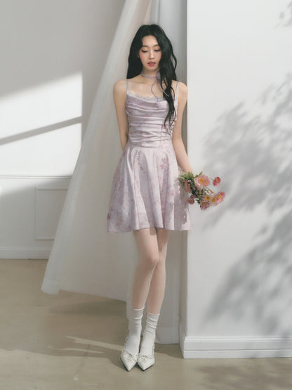 [Purple Hyacinth] Original Lace Pleated Waist Slimming Dress【s0000013542】