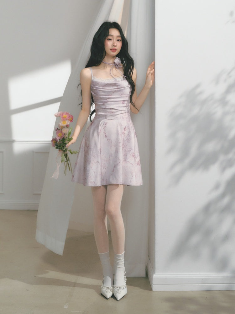 [Purple Hyacinth] Original Lace Pleated Waist Slimming Dress【s0000013542】
