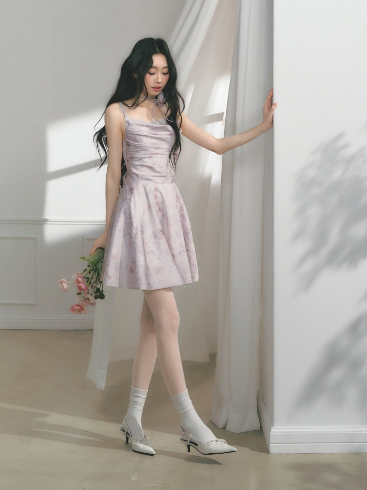 [Purple Hyacinth] Original Lace Pleated Waist Slimming Dress【s0000013542】