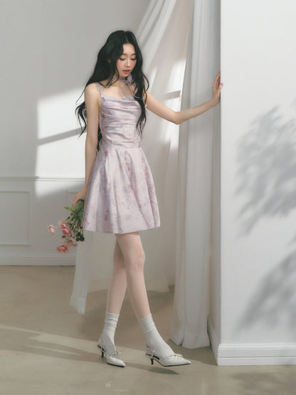 [Purple Hyacinth] Original Lace Pleated Waist Slimming Dress【s0000013542】