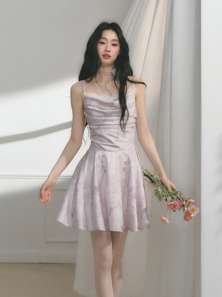 [Purple Hyacinth] Original Lace Pleated Waist Slimming Dress【s0000013542】