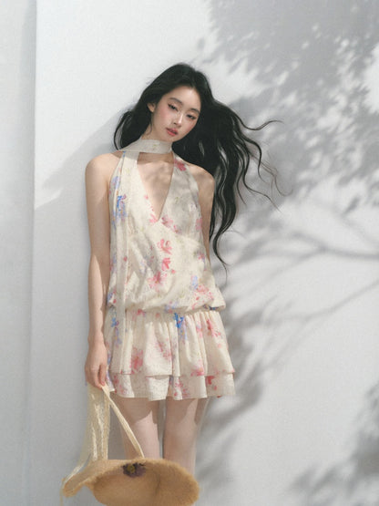 [Monet's Garden] Original Monet Print Design Slim V-Neck Dress【s0000013547】