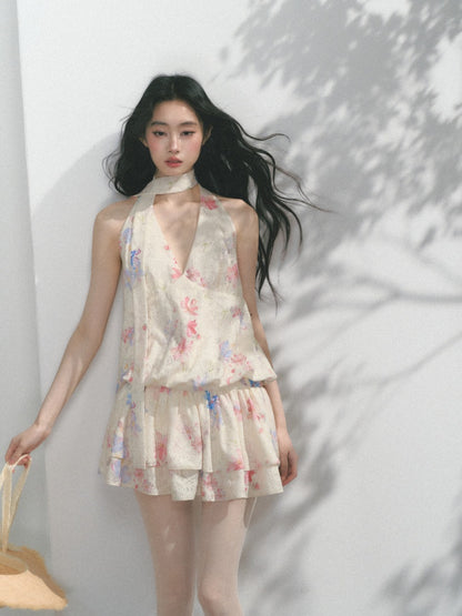 [Monet's Garden] Original Monet Print Design Slim V-Neck Dress【s0000013547】