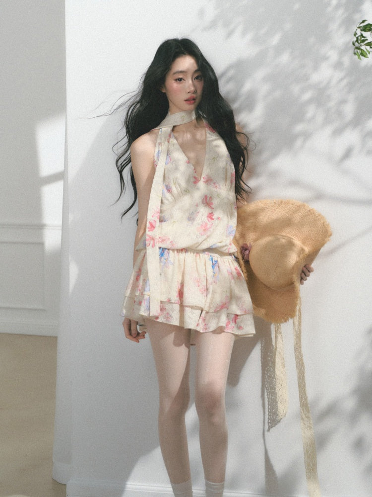 [Monet's Garden] Original Monet Print Design Slim V-Neck Dress【s0000013547】