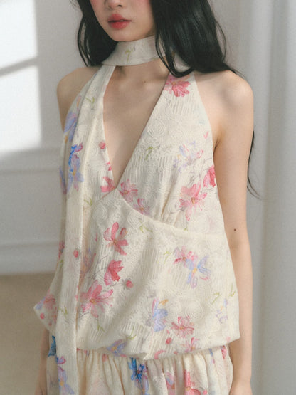 [Monet's Garden] Original Monet Print Design Slim V-Neck Dress【s0000013547】