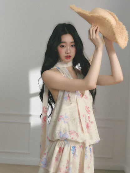 [Monet's Garden] Original Monet Print Design Slim V-Neck Dress【s0000013547】