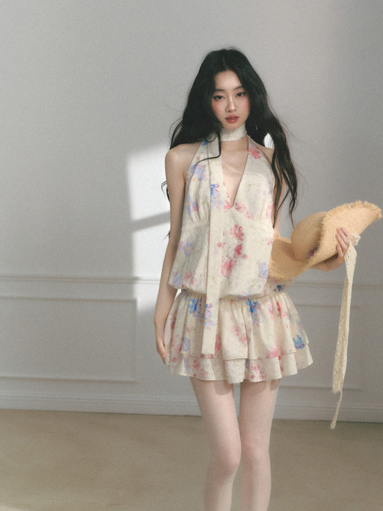 [Monet's Garden] Original Monet Print Design Slim V-Neck Dress【s0000013547】