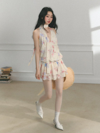 [Monet's Garden] Original Monet Print Design Slim V-Neck Dress【s0000013547】