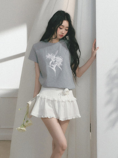 [Tea Iris Notebook] Original Floral Print Design Short Sleeve T-Shirt【s0000013560】