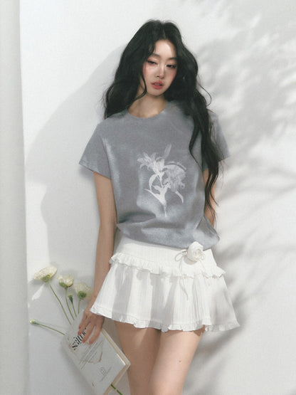 [Tea Iris Notebook] Original Floral Print Design Short Sleeve T-Shirt【s0000013560】