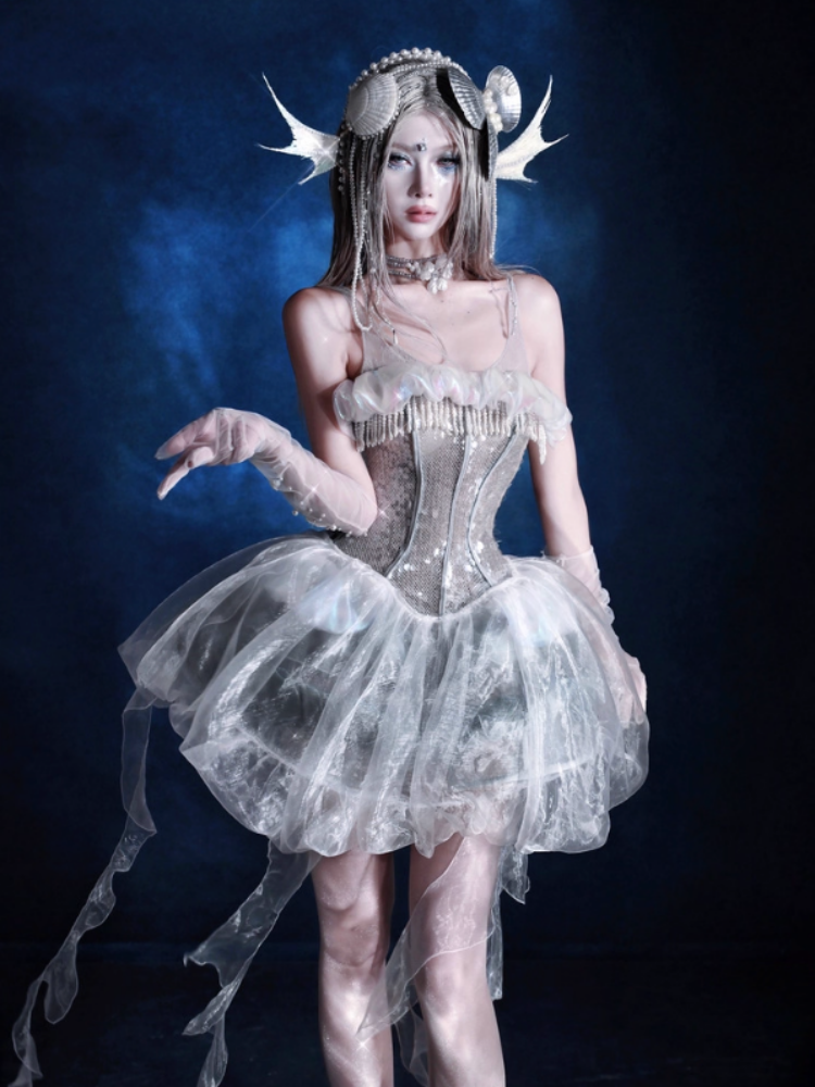 Call Of The Siren Heavy Industry Sequin Polarized Fishbone Jellyfish Seaside Resort Dress【s0000013565】