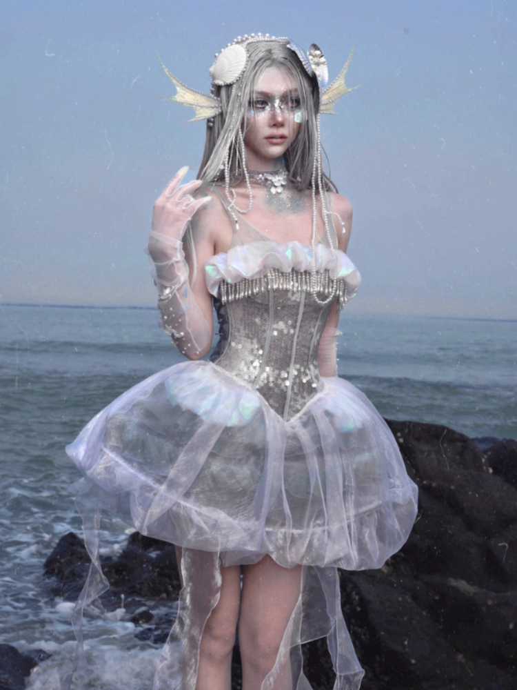 Call Of The Siren Heavy Industry Sequin Polarized Fishbone Jellyfish Seaside Resort Dress【s0000013565】