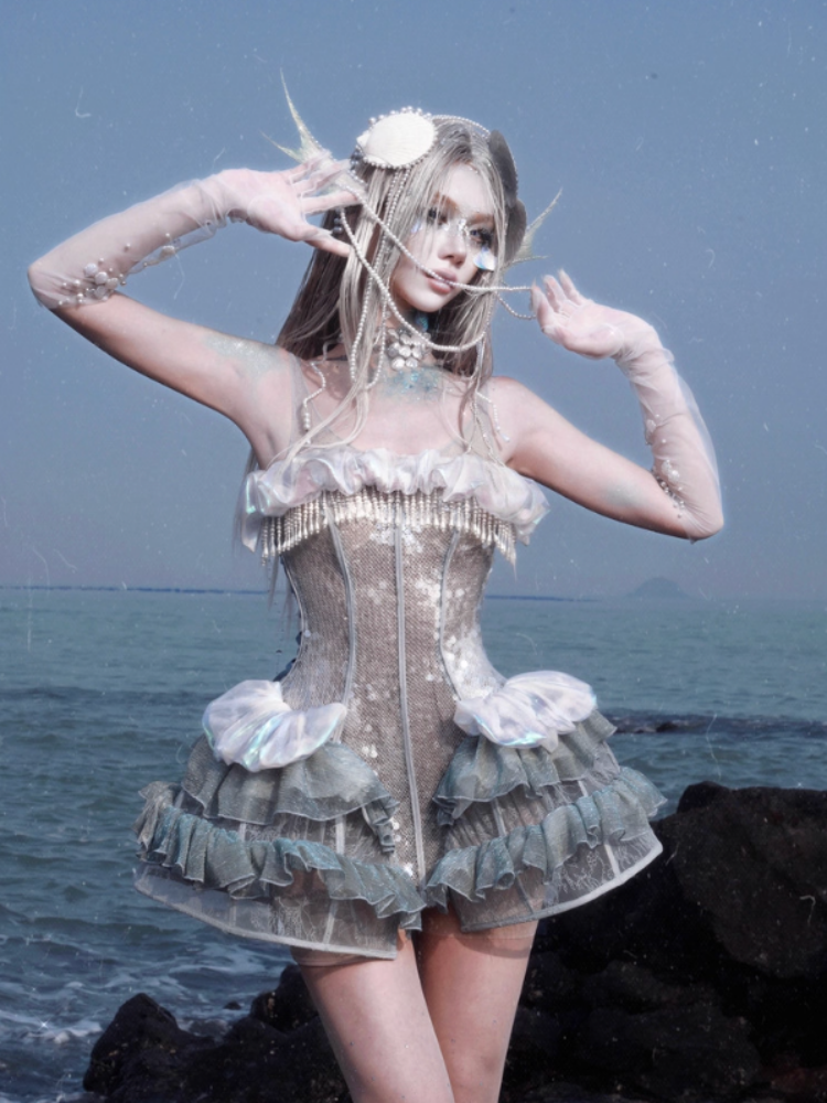 Call Of The Siren Heavy Industry Sequin Polarized Fishbone Jellyfish Seaside Resort Dress【s0000013565】