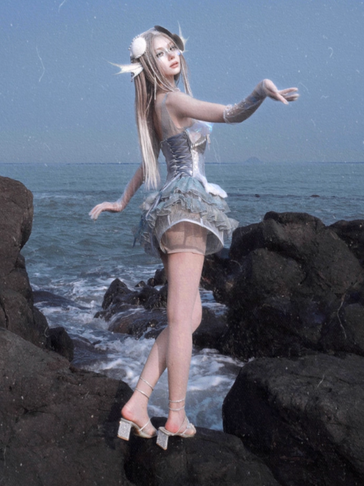 Call Of The Siren Heavy Industry Sequin Polarized Fishbone Jellyfish Seaside Resort Dress【s0000013565】