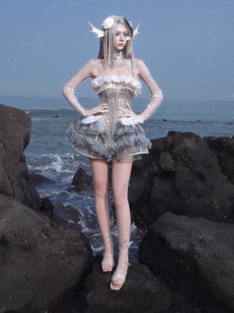 Call Of The Siren Heavy Industry Sequin Polarized Fishbone Jellyfish Seaside Resort Dress【s0000013565】