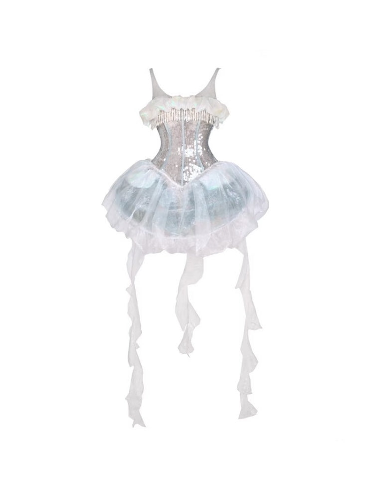 Call Of The Siren Heavy Industry Sequin Polarized Fishbone Jellyfish Seaside Resort Dress【s0000013565】