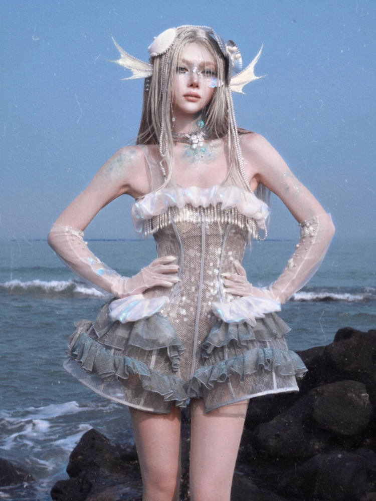 Call Of The Siren Heavy Industry Sequin Polarized Fishbone Jellyfish Seaside Resort Dress【s0000013565】