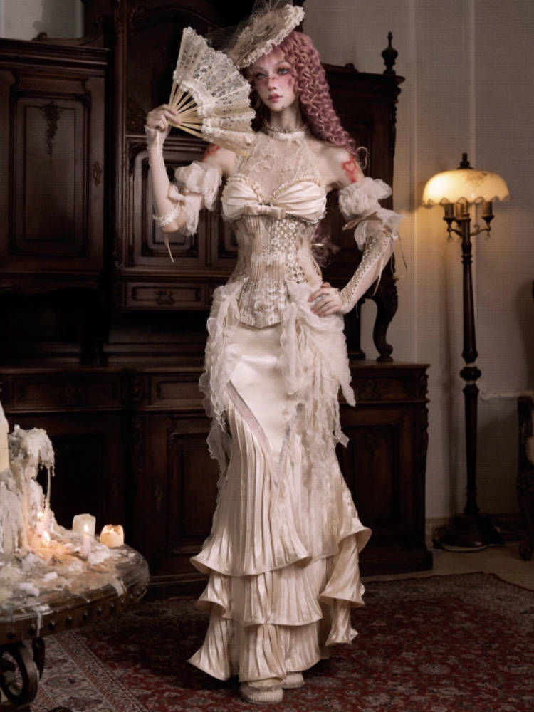 French Rococo Satin Long Pressed Mermaid Skirt【s0000013570】