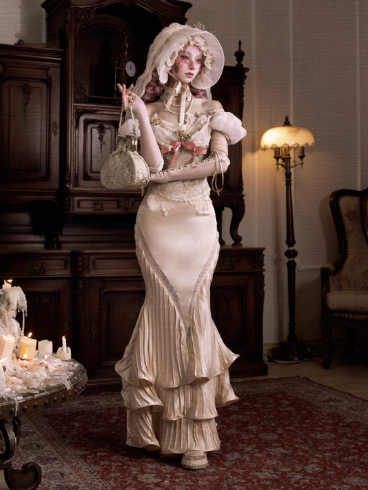 French Rococo Satin Long Pressed Mermaid Skirt【s0000013570】