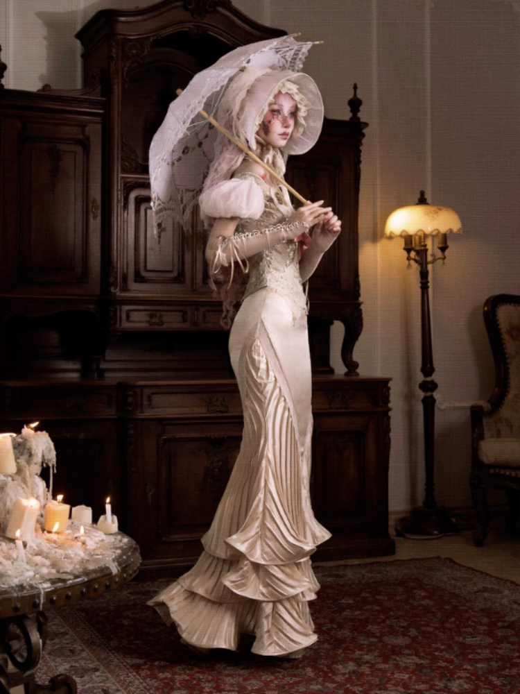 French Rococo Satin Long Pressed Mermaid Skirt【s0000013570】