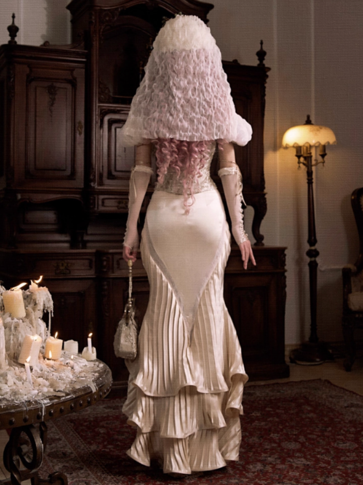 French Rococo Satin Long Pressed Mermaid Skirt【s0000013570】
