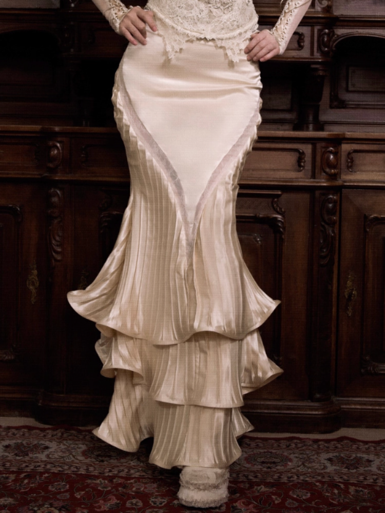 French Rococo Satin Long Pressed Mermaid Skirt【s0000013570】