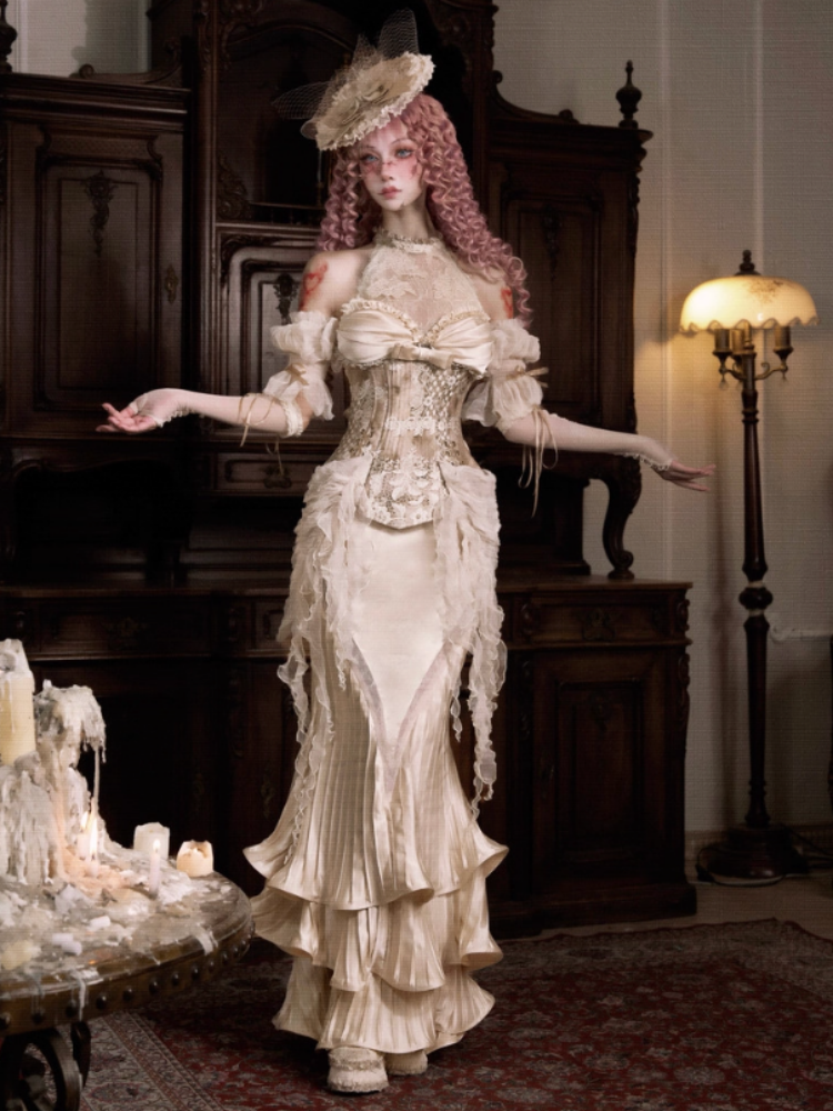 French Rococo Satin Long Pressed Mermaid Skirt【s0000013570】