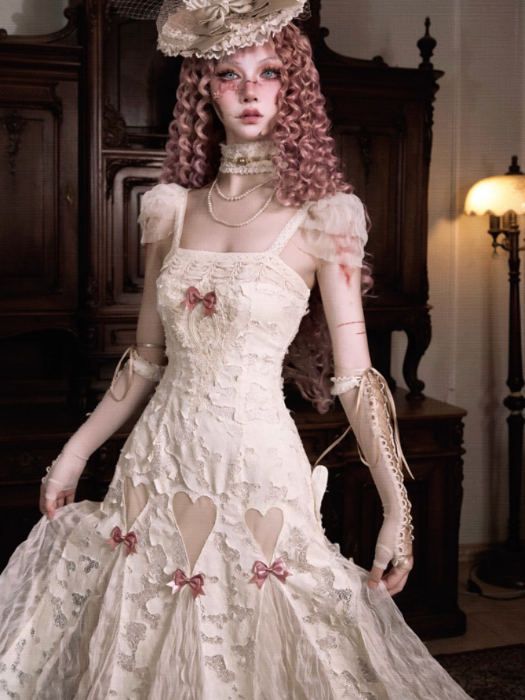 Love Heart Ribbon Cut-Out Lace Slip Dress【s0000013572】