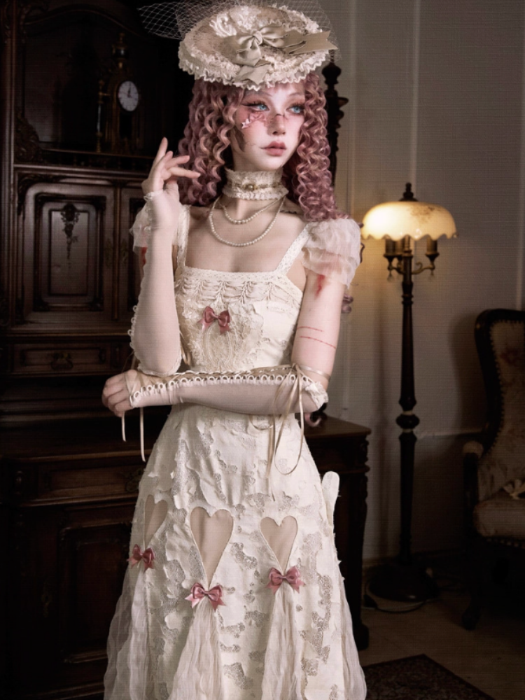 Love Heart Ribbon Cut-Out Lace Slip Dress【s0000013572】