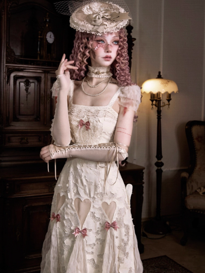 Love Heart Ribbon Cut-Out Lace Slip Dress【s0000013572】